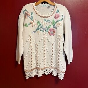Colleens Collectibles Vintage ribbon embroidered knit sweater size M cottagecore